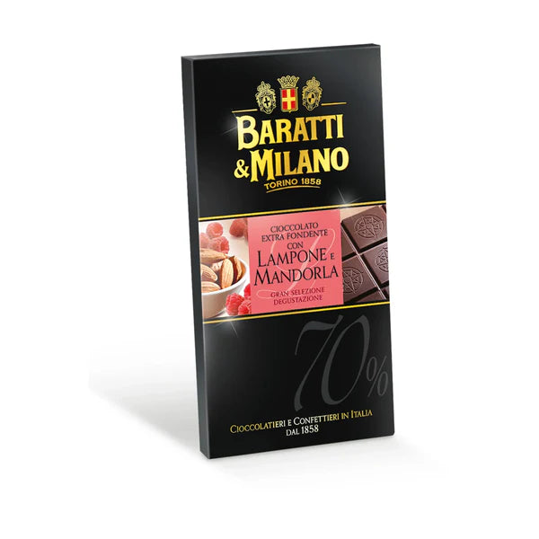 Juodasis šokoladas 70 % su avietėmis ir migdolais – 75 g